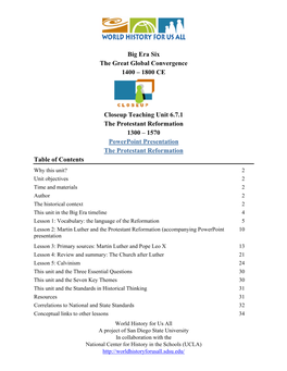 1800 CE Closeup Teaching Unit 6.7.1 the Protestant Reformation 1300