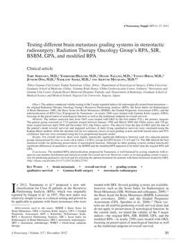 Testing Different Brain Metastasis Grading Systems in Stereotactic Radiosurgery: Radiation Therapy Oncology Group's RPA, SIR