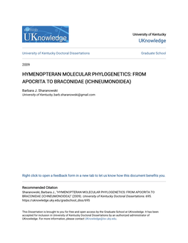 Hymenopteran Molecular Phylogenetics: from Apocrita to Braconidae (Ichneumonoidea)