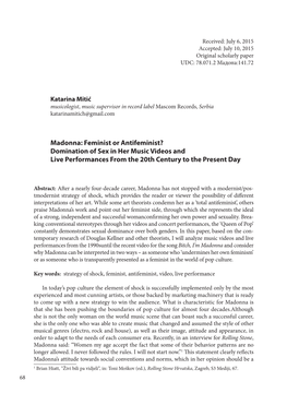 Madonna: Feminist Or Antifeminist? Domination of Sex in Her Music Videos and Live Performances from the 20Th Century to the Present Day