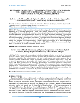 Revision De La Subfamilia Ithomiinae (Lepidoptera: Nymphalidae), De La Coleccion Entomologica, Facultad De Ciencias Agronómicas (Cach), Villaflores, Chiapas