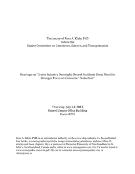 Testimony of Ross A. Klein, Phd Before the Senate Committee on Commerce, Science, and Transportation