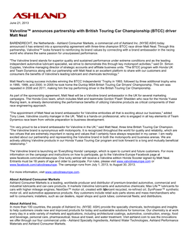 Valvoline™ Announces Partnership with British Touring Car Championship (BTCC) Driver Matt Neal