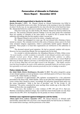 Persecution of Ahmadis in Pakistan News Report December 2012