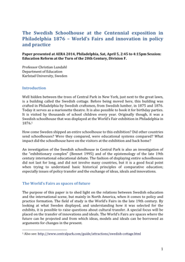 The Swedish Schoolhouse at the Centennial Exposition in Philadelphia 1876 – World’S Fairs and Innovation in Policy and Practice