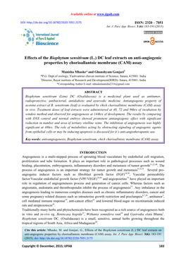 Effects of the Biophytum Sensitivum (L.) DC Leaf Extracts on Anti-Angiogenic Properties by Chorioallantoic Membrane (CAM) Assay