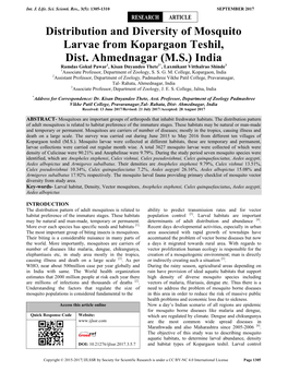 Distribution and Diversity of Mosquito Larvae from Kopargaon Teshil, Dist