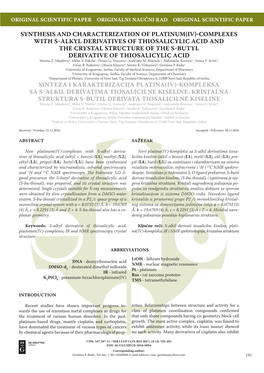 Synthesis and Characterization of Platinum Iv Complexes with S Alkyl Derivatives of Thiosalicylic Acid and the Crystal