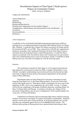 Resettlement Impacts of Nam Ngum 2 Hydro-Power Project on Community Culture Author: Siengxay Sengkham