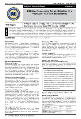 COI Gene Sequencing for Identification of a Freshwater Fish from Maharashtra