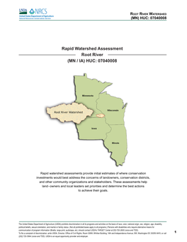 Rapid Watershed Assessment Root River (MN / IA) HUC: 07040008