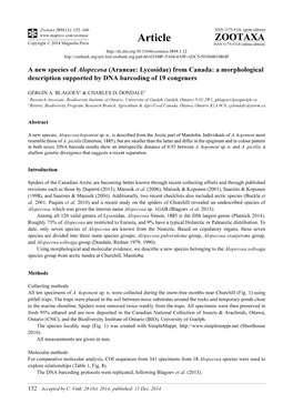 A New Species of Alopecosa (Araneae: Lycosidae) from Canada: a Morphological Description Supported by DNA Barcoding of 19 Congeners