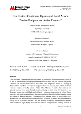 New District Creation in Uganda and Local Actors: Passive Recipients Or Active Pursuers?