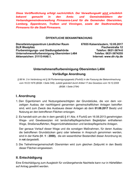 Unternehmensflurbereinigung Obersimten L484 Vorläufige Anordnung