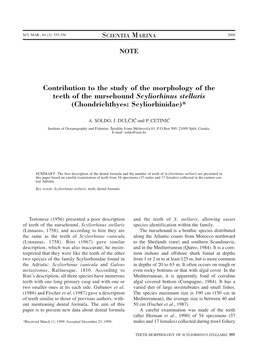 Contribution to the Study of the Morphology of the Teeth of the Nursehound Scyliorhinus Stellaris (Chondrichthyes: Scyliorhinidae)*