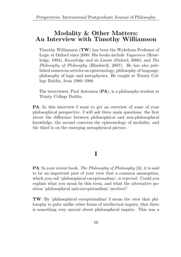 Modality & Other Matters: an Interview with Timothy Williamson I
