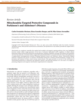 Review Article Mitochondria-Targeted Protective Compounds in Parkinson’S and Alzheimer’S Diseases