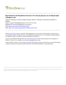 Reproduction and Population Structure of Corbicula Fluminea in an Oligotrophic Subalpine Lake Author(S) :Marianne E