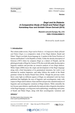 Dogri and Its Dialects: a Comparative Study of Kandi and Pahari Dogri Kamaldeep Kaur and Amitabh Vikram Dwivedi (2019)