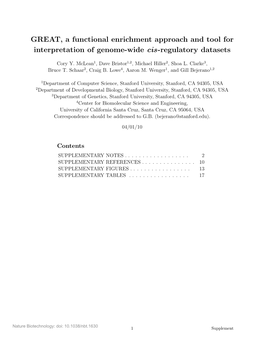 GREAT, a Functional Enrichment Approach and Tool for Interpretation of Genome-Wide Cis-Regulatory Datasets