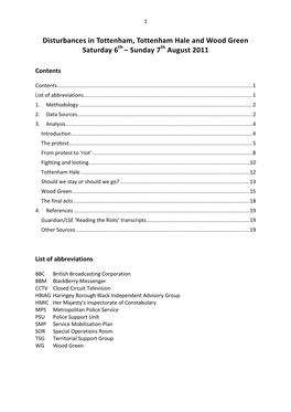 Disturbances in Tottenham, Tottenham Hale and Wood Green Saturday 6Th – Sunday 7Th August 2011