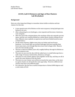 Distances and Ages of Star Clusters Lab Worksheet