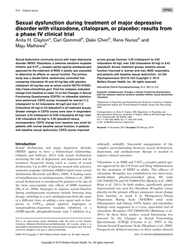 Sexual Dysfunction During Treatment of Major Depressive Disorder with Vilazodone, Citalopram, Or Placebo: Results from a Phase IV Clinical Trial Anita H