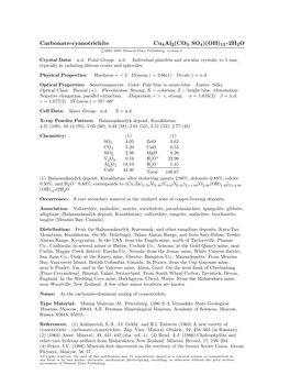 Carbonate-Cyanotrichite Cu4al2(CO3, SO4)(OH)12 • 2H2O C 2001-2005 Mineral Data Publishing, Version 1