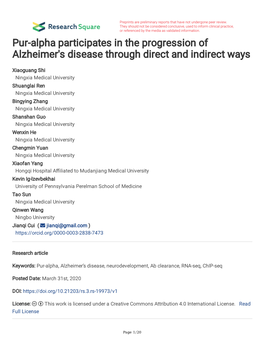 Pur-Alpha Participates in the Progression of Alzheimer's Disease Through Direct and Indirect Ways
