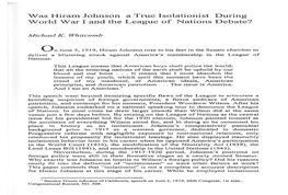 Was Hiram Johnson a True Isolationist During World War I and the League of Nations Debate?