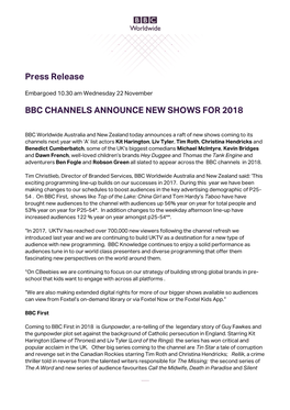 Press Release BBC CHANNELS ANNOUNCE NEW SHOWS for 2018