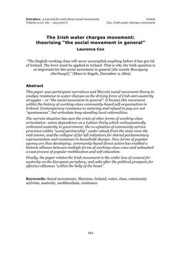 The Irish Water Charges Movement: Theorising “The Social Movement in General” Laurence Cox