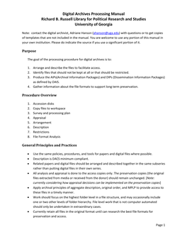 Digital Archives Processing Manual Richard B. Russell Library for Political Research and Studies University of Georgia