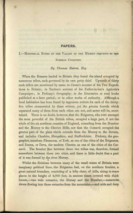 I. HISTORICAL NOTKS on the VALLEY of the MERSEY Pbeviots to the NORMAN CONQUEST