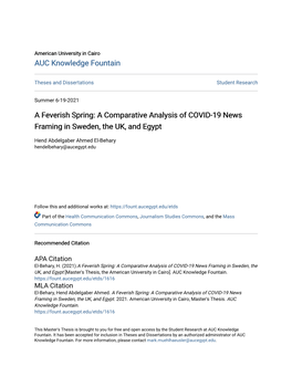 A Comparative Analysis of COVID-19 News Framing in Sweden, the UK, and Egypt