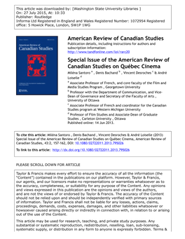 Special Issue of the American Review of Canadian Studies on Québec Cinema