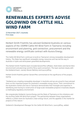 Renewables Experts Advise Goldwind on Cattle Hill Wind Farm