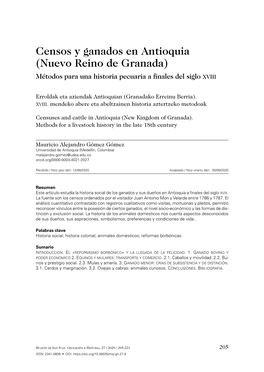 Censos Y Ganados En Antioquia (Nuevo Reino De Granada) 205 Métodos Para Una Historia Pecuaria a Finales Del Siglo Xviii 205 Introducción