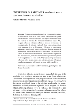 ENTRE DOIS PARADIGMAS: Combate À Seca E Convivência Com O Semi-Árido Roberto Marinho Alves Da Silva*