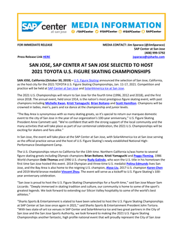 San Jose, Sap Center at San Jose Selected to Host 2021 Toyota U.S