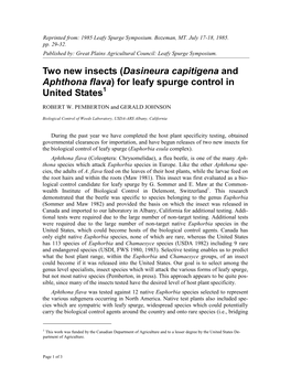 Two New Insects (Dasineura Capitigena and Aphthona Flava) for Leafy Spurge Control in United States1