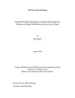 Heed the Prophetic Warnings: Occultism and Conspiracy Theories As Linked Worldviews in Fin-De-Siècle France