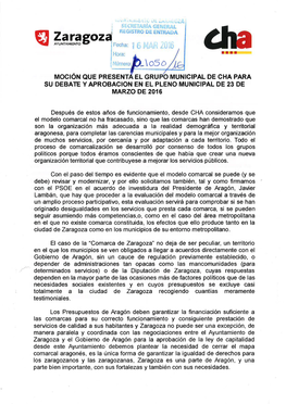 Moción QUE PRESENT EL GRU O MUNICIPAL DE CHA PARA SU Debalé Y APROBACION EN EL PLENO MUNICIPAL DE 23 DE MARZO DE 2016