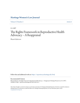 The Rights Framework in Reproductive Health Advocacy -- a Reappraisal Bharati Sadasivam