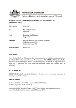 Browne and the Department of Defence Re: Bell DHAAT 12 (3 October 2019)