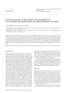 Seasonal Dynamics of Chironomids in the Profundal Zone of a Mountain Lake (Ľadové Pleso, the Tatra Mountains, Slovakia)