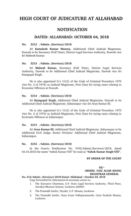 High Court of Judicature at Allahabad Notification
