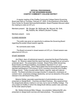 Official Proceedings of the Governing Board Chaffey Community College District