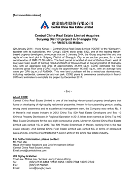 Central China Real Estate Limited Acquires Suiyang District Project in Shangqiu City for RMB75.58 Million