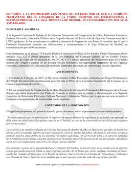 Dictamen a La Proposición Con Punto De Acuerdo Por El Que La Comisión Permanente Del H